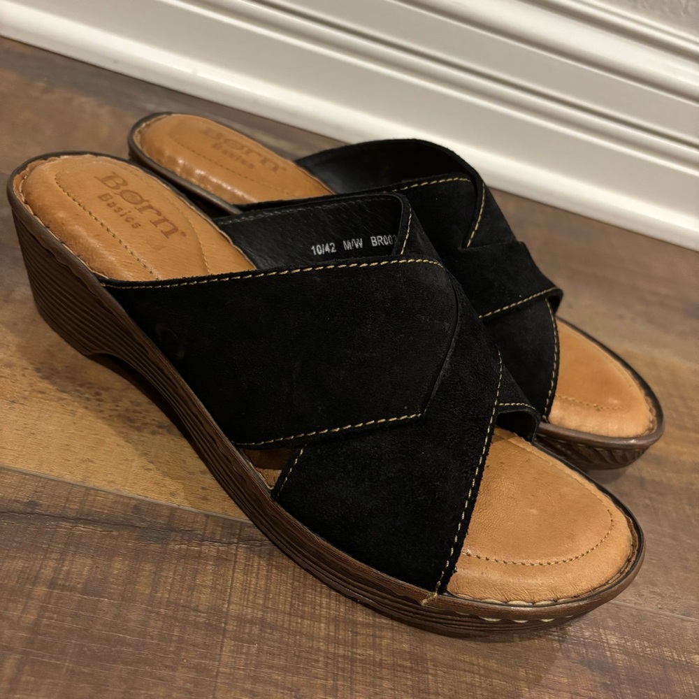 Born Teayo Original Black Distressed Suede Leather Slide Sandal Sz EU 42/US 10